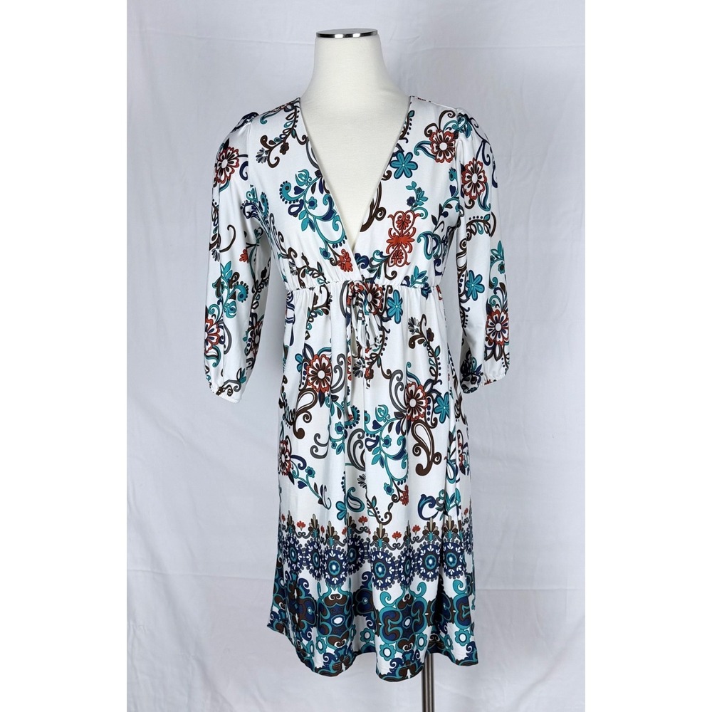 Paisley Print Deep V Neck Dress L Knee Length Puff Sleeve Summer Hippie Boho